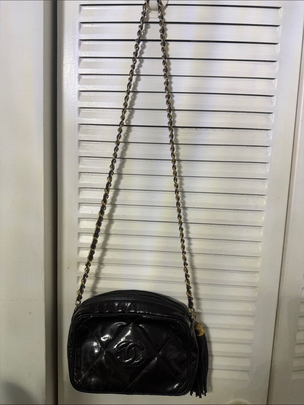 CHANEL Black Quilted Patent Leather Crossbody Camera Bag with Gold Chain
